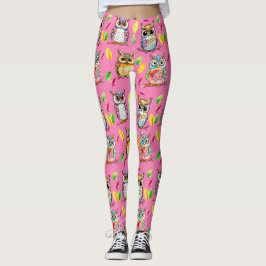 Kleurrijke Woodland Uilen en bladeren Waterverf Leggings