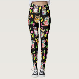 Kleurrijke Woodland Uilen en bladeren Waterverf Leggings