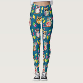 Kleurrijke Woodland Uilen en bladeren Waterverf Leggings