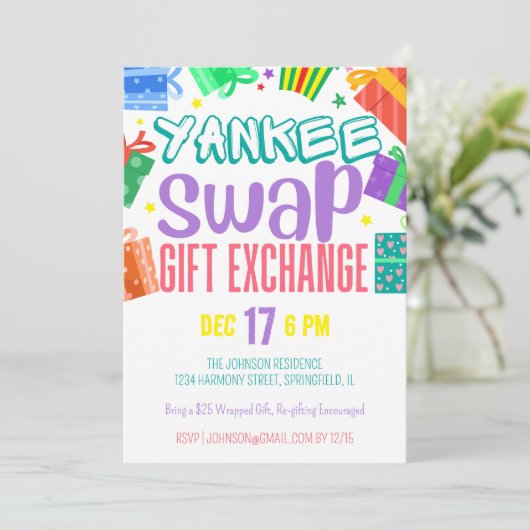 Kleurrijke Yankee Swap Cadeau Uitwisseling Feest Kaart (Staand voorkant)