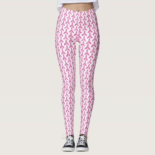 Kleurrijke Yoga Broek Kosmisch Roze en Wit Blad Leggings (Voorkant)