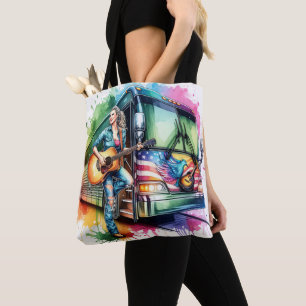 Kleurrijke zanger met gitaar en tourbus tote bag