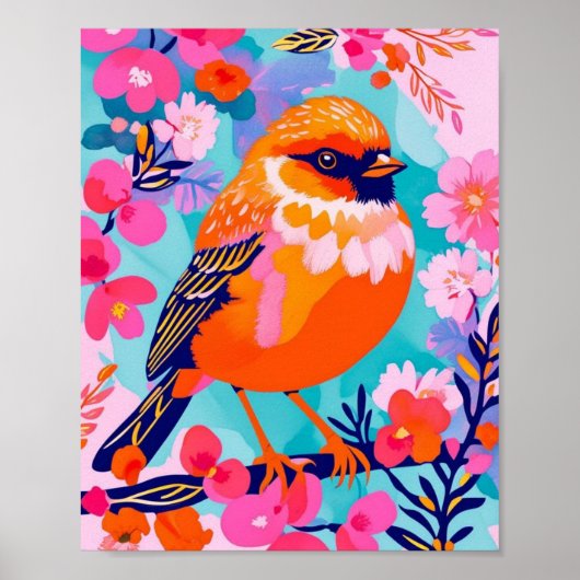 Kleurrijke Zangvogelposter – Levendig Bloemendesig Poster (Voorkant)