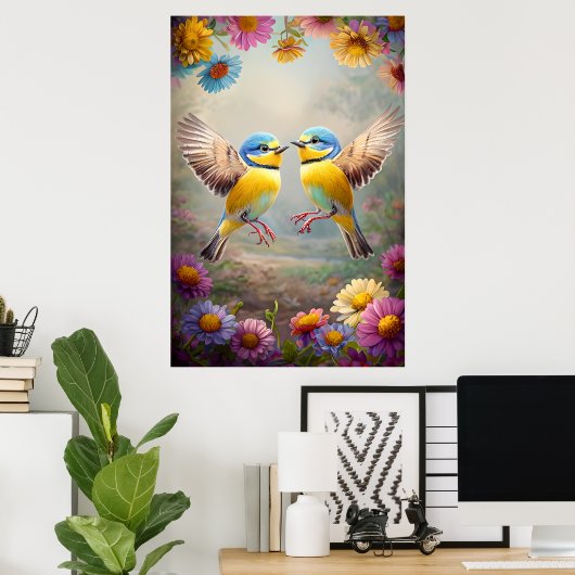 Kleurrijke Zangvogels in Bloei – Spring Floral Pos Poster (Thuiskantoor)