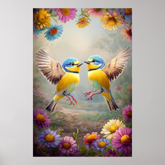 Kleurrijke Zangvogels in Bloei – Spring Floral Pos Poster (Voorkant)