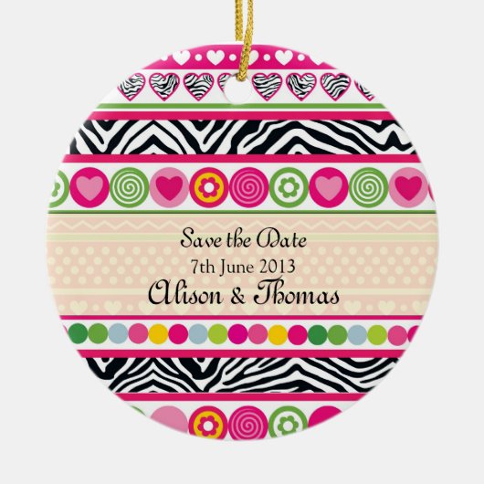 Kleurrijke Zebra harten 'Save the date' Ornament (Voorkant)
