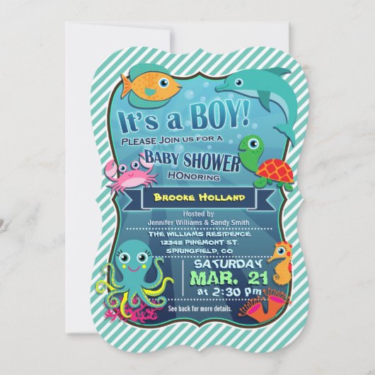 Kleurrijke Zee Creatures; Boy Baby shower Invitati Kaart (Voorkant)