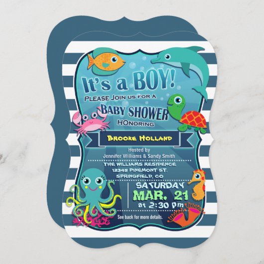 Kleurrijke Zee Life Boy Baby shower Uitnodiging (Voorkant / Achterkant)