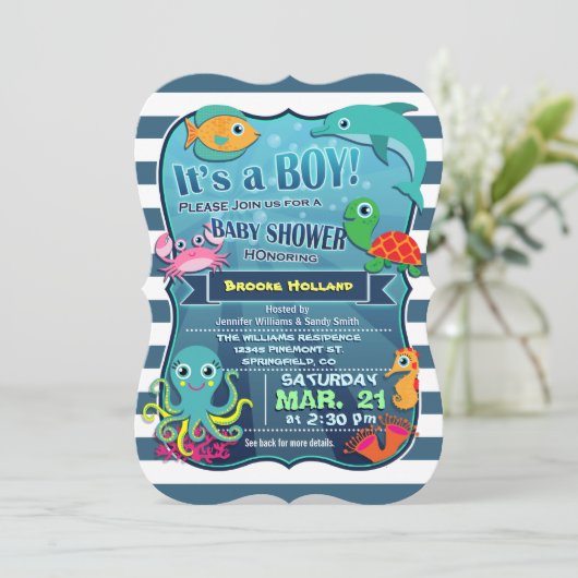 Kleurrijke Zee Life Boy Baby shower Uitnodiging (Staand voorkant)