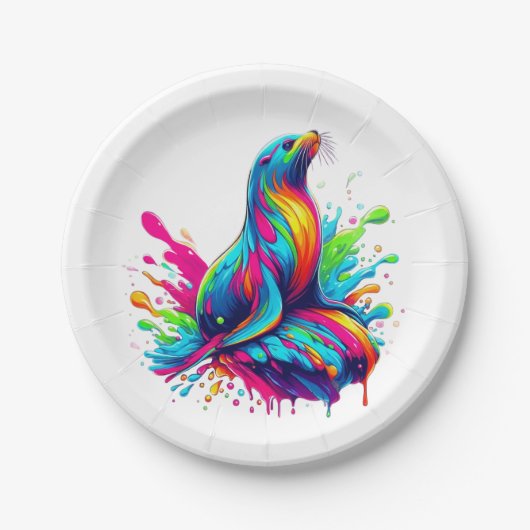 Kleurrijke Zee Lion Splash Papieren Bordje (Voorkant)