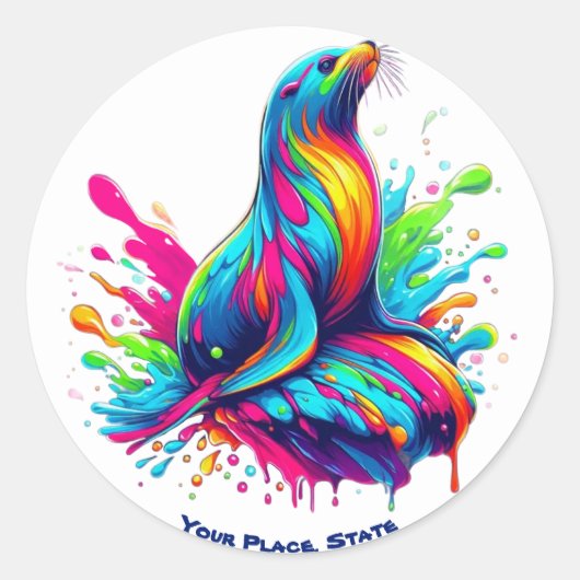Kleurrijke Zee Lion Splash Ronde Sticker (Voorkant)