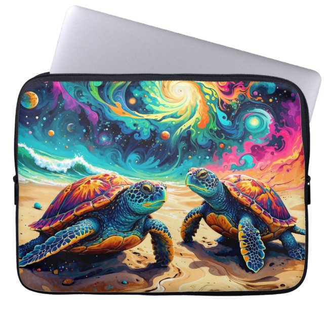 Kleurrijke Zeeen Schildpadden Onder Een Kosmische  Laptop Sleeve (Voorkant)