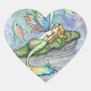 Kleurrijke Zeemeermin en Karper Vis Fantasie Kunst Hart Sticker