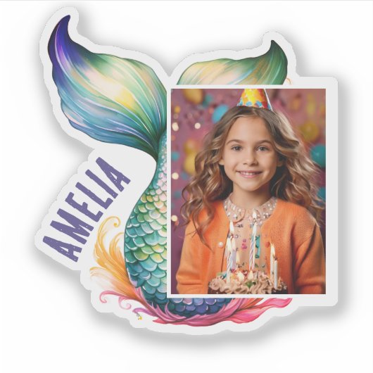 Kleurrijke Zeemeermin Meisje Naam Foto Sticker (Voorkant)