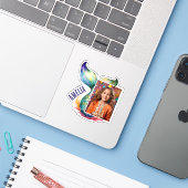 Kleurrijke Zeemeermin Meisje Naam Foto Sticker (Laptop met iPhone)