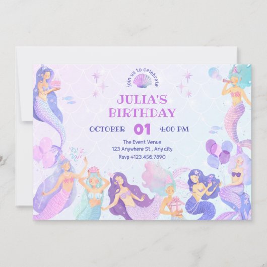 Kleurrijke zeemeermin onder het zee verjaardagsfee kaart (Voorkant)