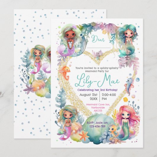 Kleurrijke Zeemeermin Party uitnodiging (Voorkant / Achterkant)