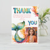 Kleurrijke Zeemeermin Verjaardag Dank u Meisje Fot Bedankkaart (Staand voorkant)