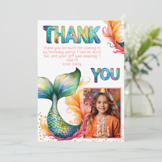 Kleurrijke Zeemeermin Verjaardag Dank u Meisje Fot Bedankkaart (Staand voorkant)