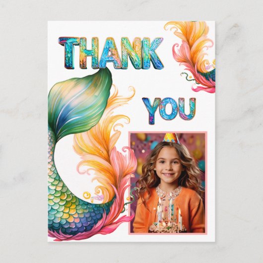 Kleurrijke Zeemeermin Verjaardag Dank u Meisje Fot Briefkaart (Voorkant)
