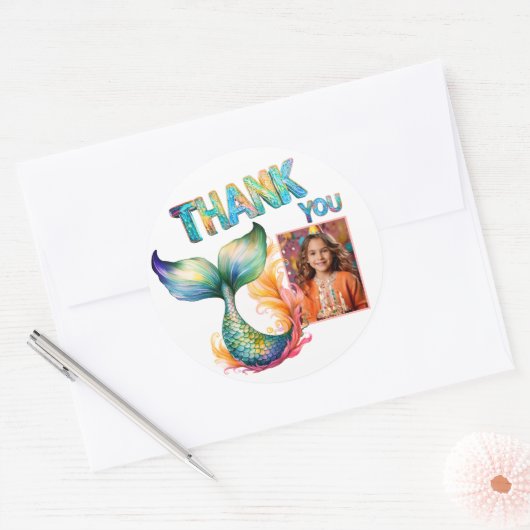 Kleurrijke Zeemeermin Verjaardag Dank u Meisje Fot Ronde Sticker (Envelop)