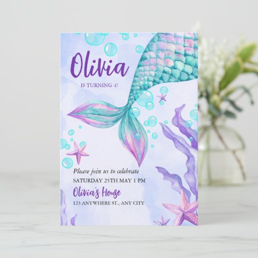 Kleurrijke zeemeermin verjaardagsfeest uitnodiging (Staand voorkant)
