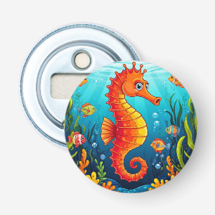 Kleurrijke zeepaard in een levendig koraalrif button flesopener