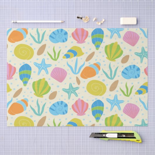 Kleurrijke Zeeschelpen en Zeesterren Nautisch Patr Tissuepapier (Craft)