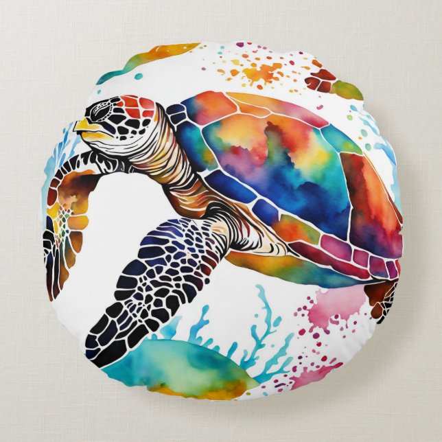 Kleurrijke Zeeschildpad Kunst Rond Kussen (Voorkant)