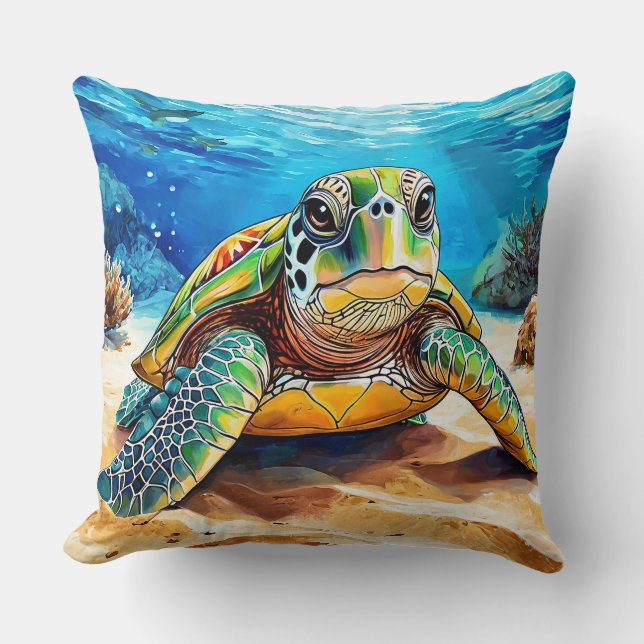 Kleurrijke Zeeschildpad Kussen (Voorkant)