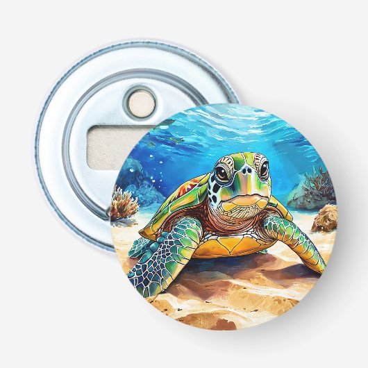 Kleurrijke Zeeschildpad Oceaan Keukendecor Button Flesopener (Voorkant)