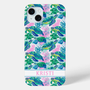 Kleurrijke Zeeschildpadden met Monogram iPhone 15 Mini Hoesje