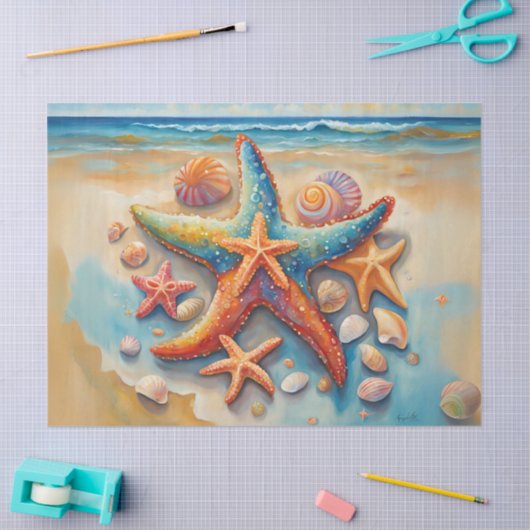 Kleurrijke zeesterren op de kust tissuepapier (Craft)