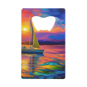 Kleurrijke Zeilboot/Vuurtoren AI ART Creditkaart Flessenopener