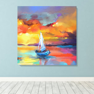 Kleurrijke Zeilboot Zonsondergang Abstracte Kunst Canvas Afdruk
