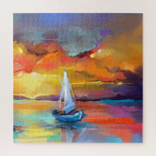 Kleurrijke Zeilboot Zonsondergang Abstracte Kunst Legpuzzel