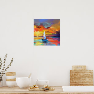 Kleurrijke Zeilboot Zonsondergang Abstracte Kunst Poster