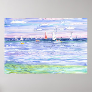 Kleurrijke zeilboten op blauwe zee aquarel poster