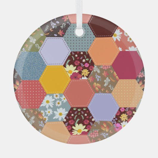 Kleurrijke zeshoek bloemen quilten ontwerp glas ornament (Voorkant)