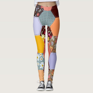 Kleurrijke zeshoek bloemen quilten ontwerp leggings