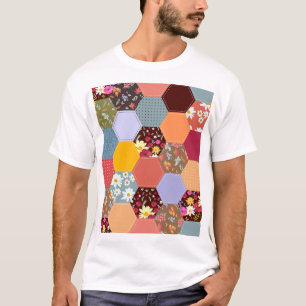Kleurrijke zeshoek bloemen quilten ontwerp t-shirt
