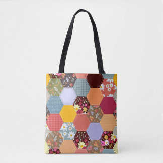 Kleurrijke zeshoek bloemen quilten ontwerp tote bag