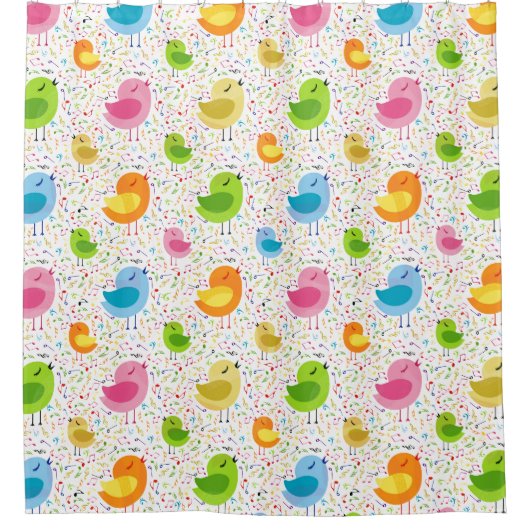 Kleurrijke zingende vogels en muzieknoten douchegordijn (Voorkant)