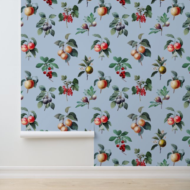 Kleurrijke Zoet Botanisch  Fruit op Blauw Behang (Applicatie)