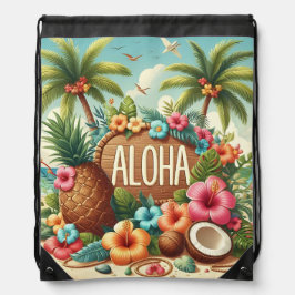 KLEURRIJKE ZOMER ALOHA MET BLOEMEN STRAND KOKOSNOO TREKKOORD RUGZAKJE