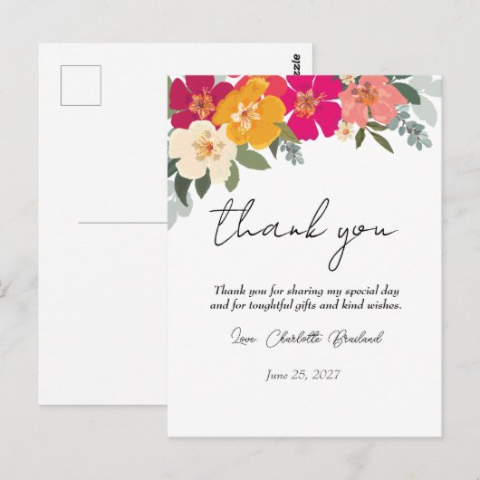 Kleurrijke Zomer Bloemachtige Bruiloft Dank Je Briefkaart (Voorkant / Achterkant)