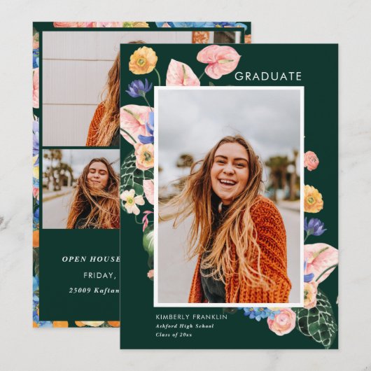 Kleurrijke Zomer Bloemen Afstuderen Fotouitnodigin Kaart (Voorkant / Achterkant)