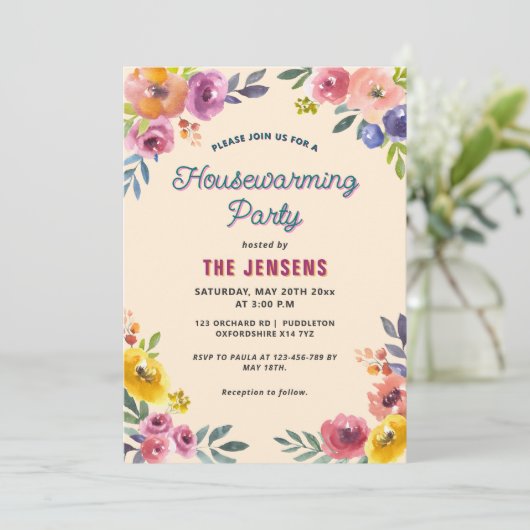 Kleurrijke Zomer Bloemen Housewarming Uitnodiging (Staand voorkant)