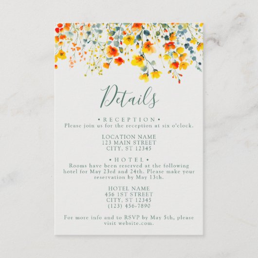Kleurrijke zomer bloemenbruiloft details informatiekaartje (Voorkant)