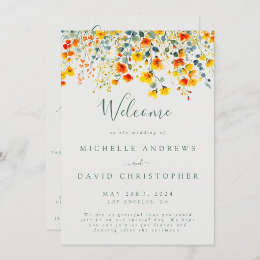 Kleurrijke zomer bloemenbruiloft programmakaart (Voorkant / Achterkant)